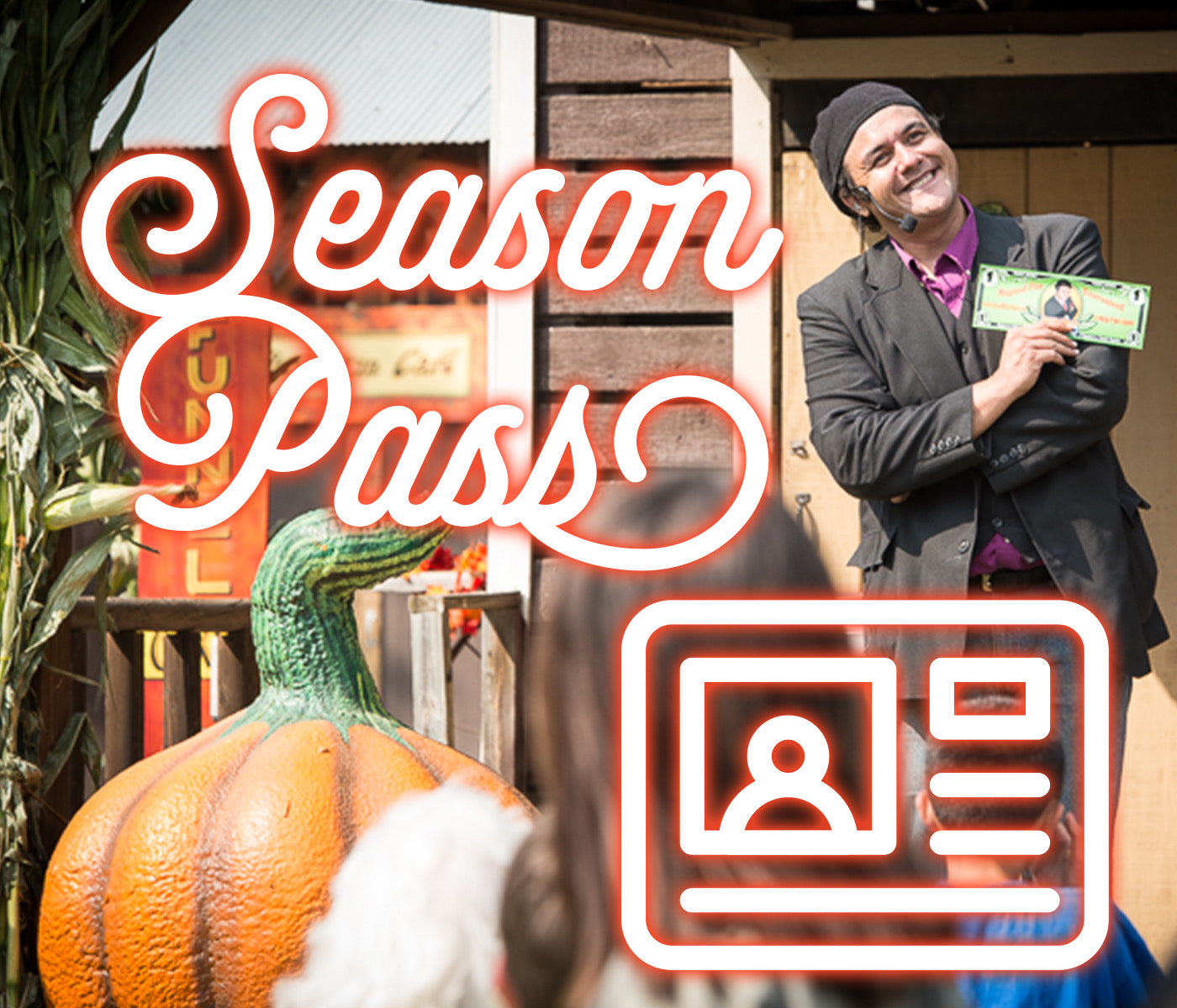 Person holding a ticket standing next to a pumpkin and 'Season Pass' text.