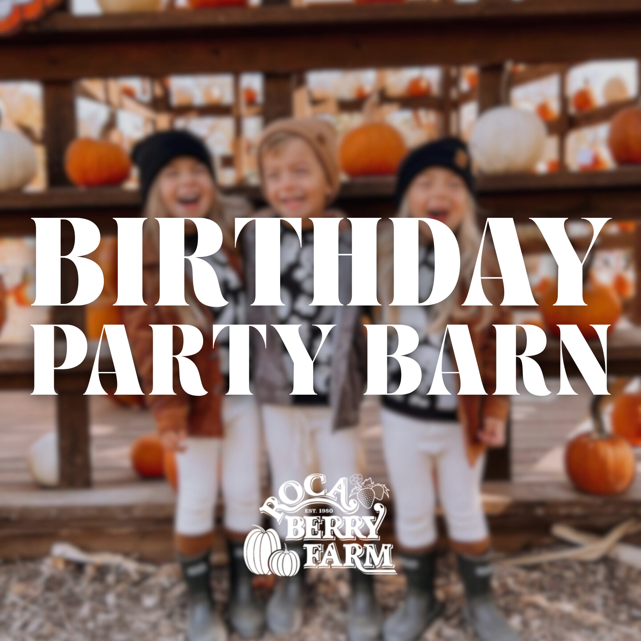 Children in a pumpkin patch with 'Birthday Party Barn' text and Berry Farm logo.